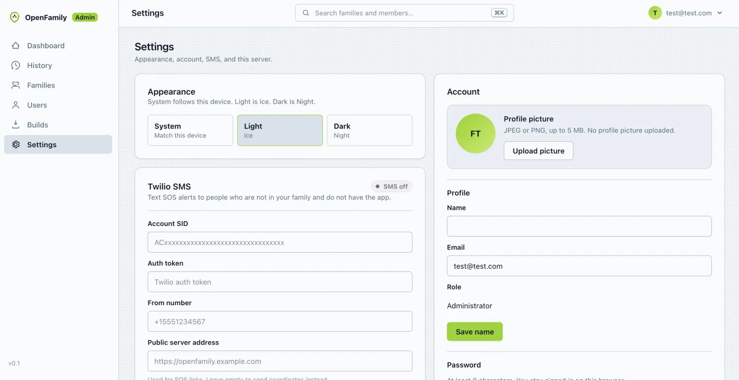 OpenFamily web administration settings