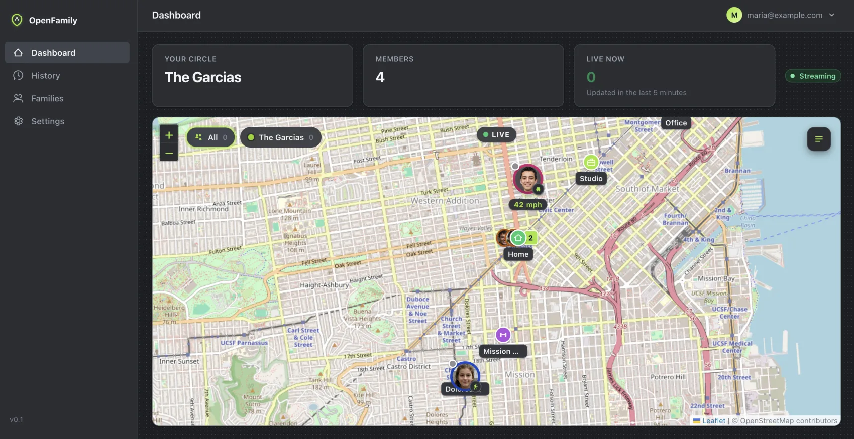 OpenFamily web dashboard showing a live family map