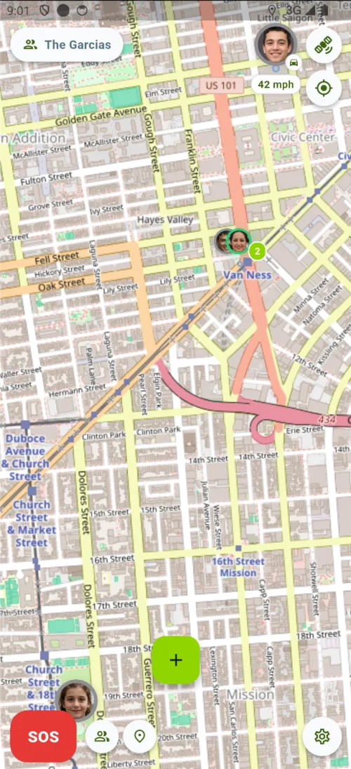 OpenFamily mobile app showing family members on a live map