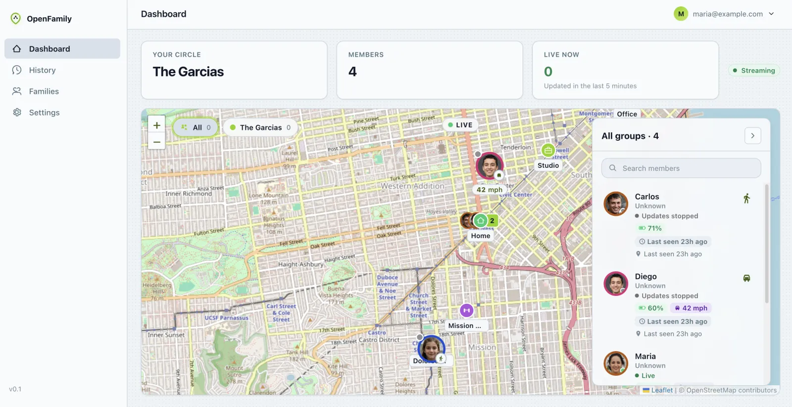 OpenFamily web live map with a family member drawer