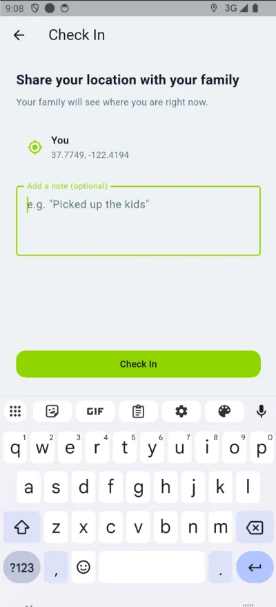 OpenFamily check-in screen