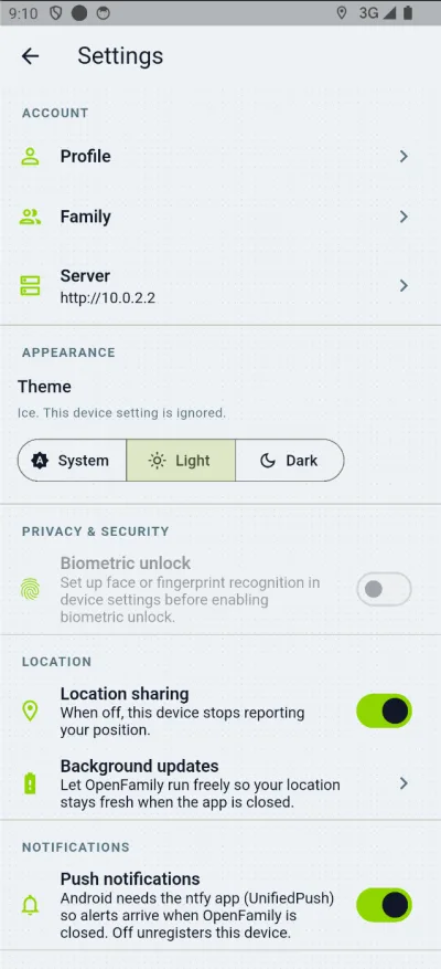 OpenFamily privacy and location settings on Android